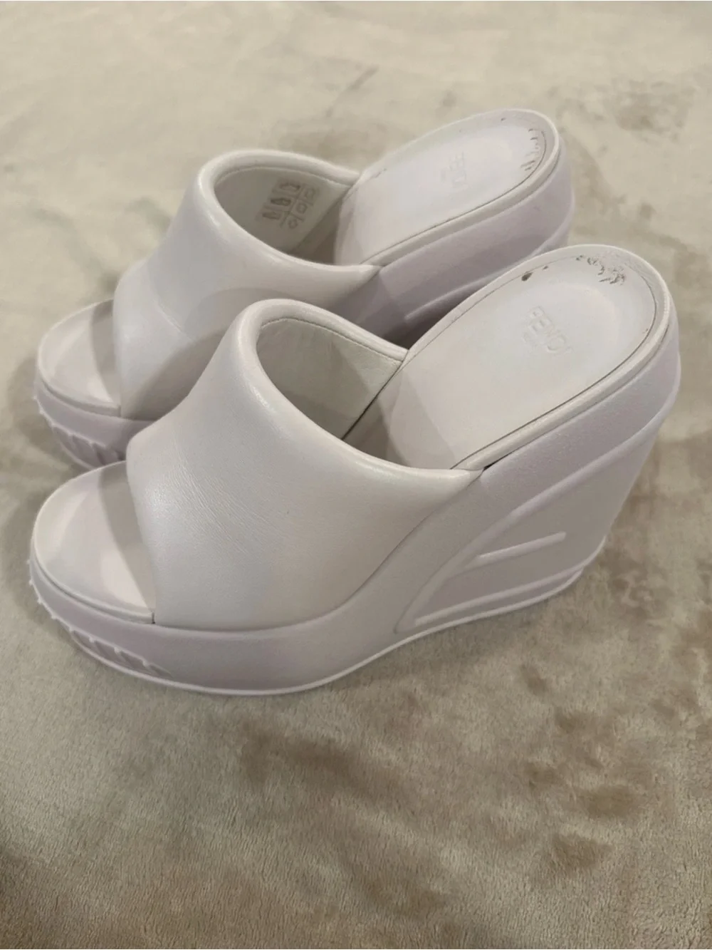 Fendi White Embossed Logo Platform Wedges
